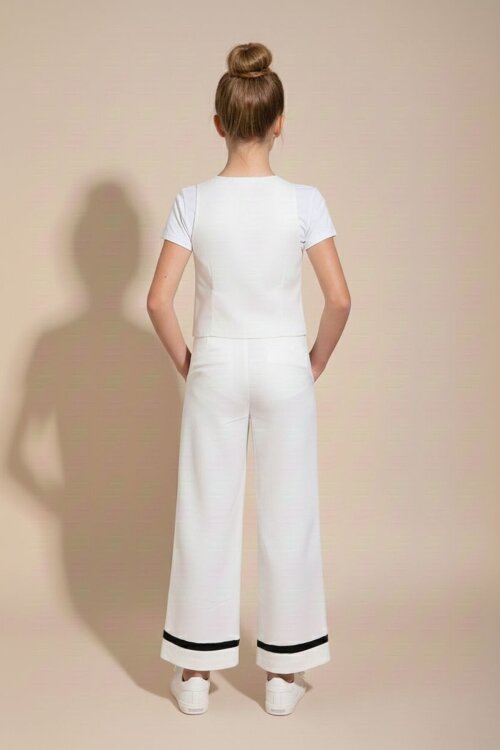 Ekru Düğmeli Keten Yelekli Geniş Paça Pantolonlu Kız Çocuk Takım 23490