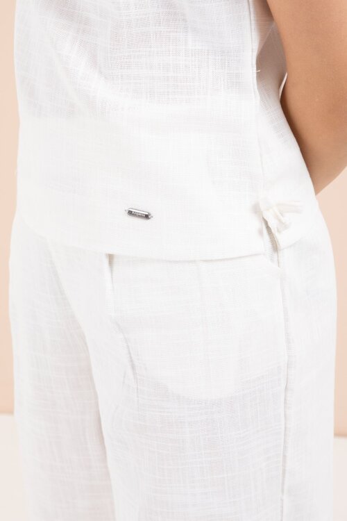 Ekru Geniş Paça Pantolonlu Kız Çocuk Keten Croplu Takım 23450