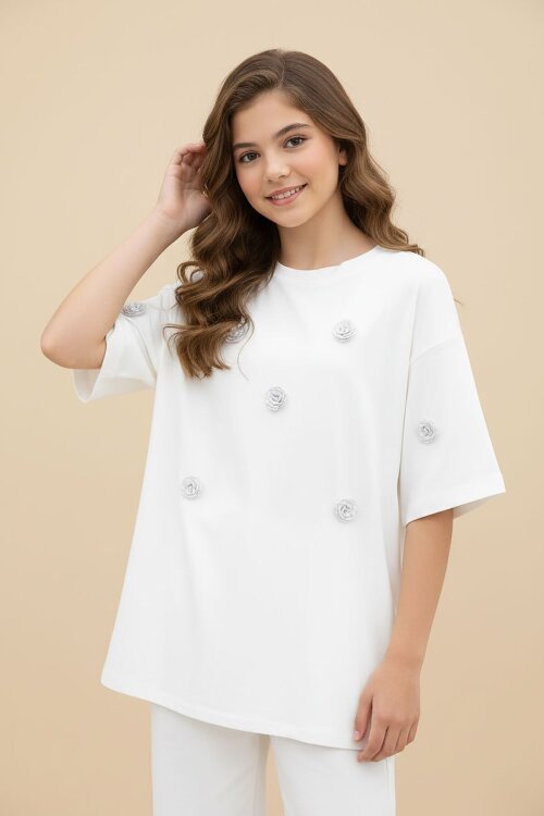 Ekru Gül Nakış Detaylı Kısa Kol Kız Çocuk Oversize Tişört 20809