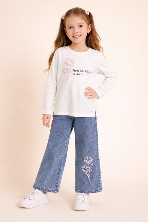 Ekru Gül Nakışlı Badili Jean Pantolonlu Kız Çocuk 2li Takım 23749