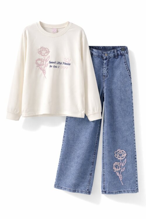 Ekru Gül Nakışlı Badili Jean Pantolonlu Kız Çocuk 2li Takım 23749