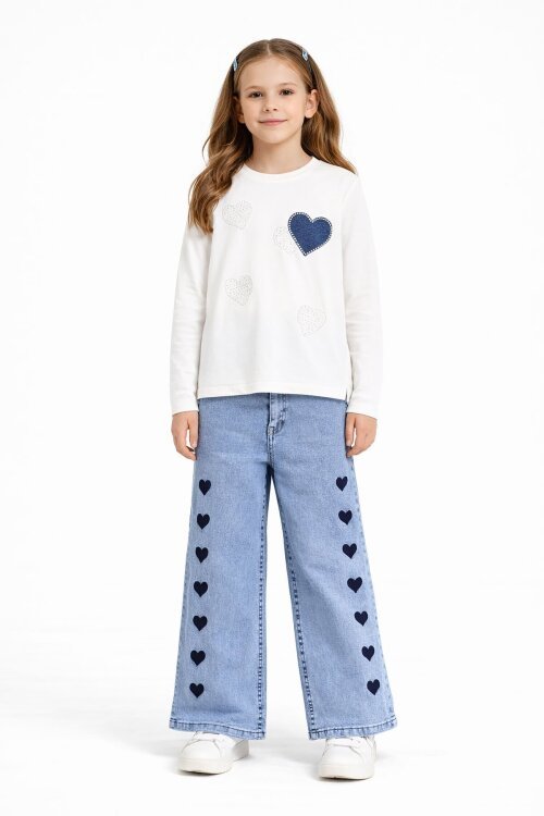 Ekru Kalp Desenli Badili Jean Pantolonlu Kız Çocuk 2li Takım  23745