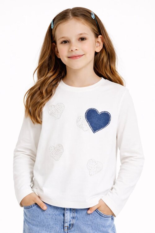 Ekru Kalp Desenli Badili Jean Pantolonlu Kız Çocuk 2li Takım  23745