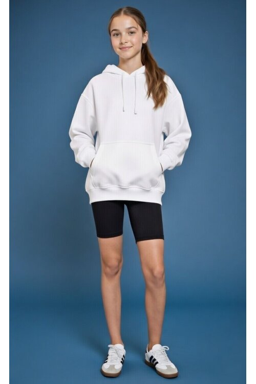 Ekru Kanguru Cepli Basic Şardonlu Kız Çocuk Kapüşonlu Sweatshirt 21210