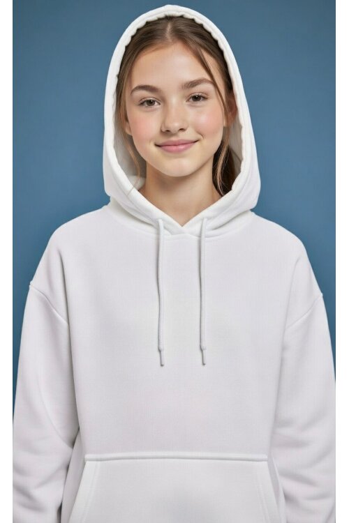 Ekru Kanguru Cepli Basic Şardonlu Kız Çocuk Kapüşonlu Sweatshirt 21210