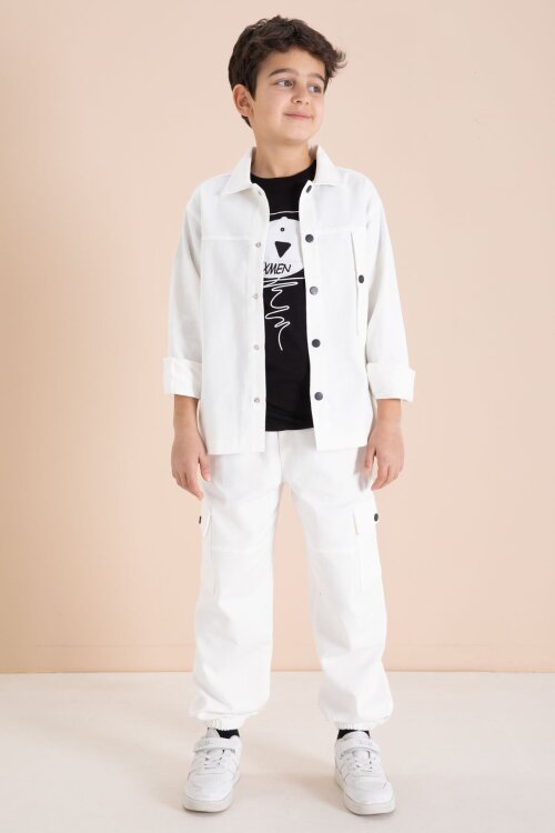 Ekru Kargo Cepli Jean Ceketli ve Pantolonlu Erkek Çocuk Tişörtlü 3lü Takım  23538