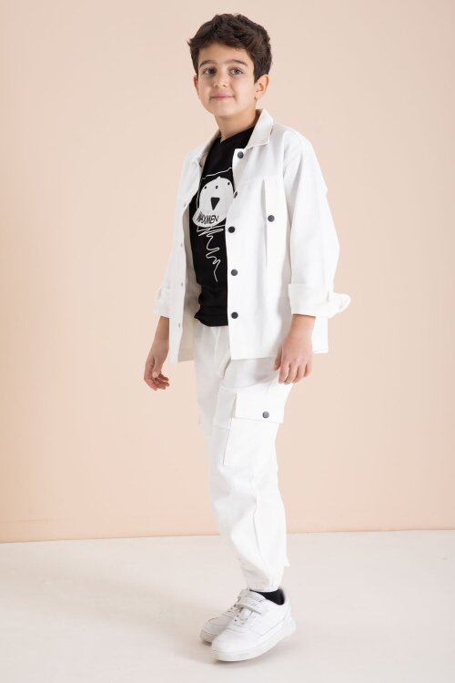 Ekru Kargo Cepli Jean Ceketli ve Pantolonlu Erkek Çocuk Tişörtlü 3lü Takım  23538