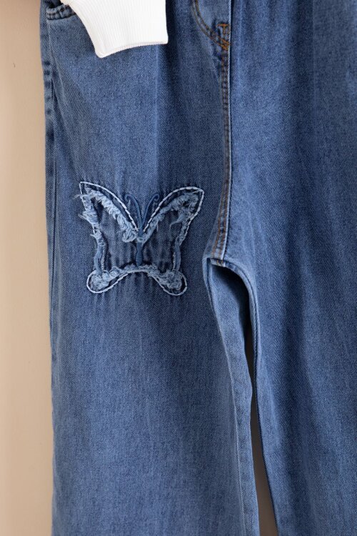 Ekru Kelebek Nakışlı Badili Jean Pantolonlu Kız Çocuk 2li Takım 23413
