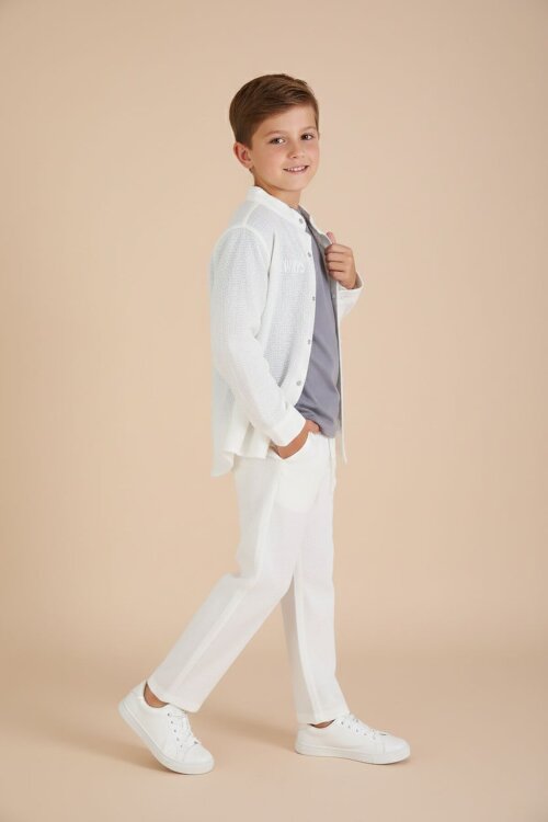 Ekru Keten Gömlekli Pantolonlu Erkek Çocuk 3lü Alt Üst Takım  23575