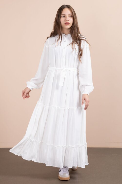 Ekru Kolları Büzgülü Kuşaklı Kız Çocuk Uzun Elbise  23401