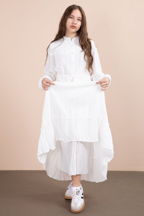 Ekru Kolları Büzgülü Kuşaklı Kız Çocuk Uzun Elbise  23401