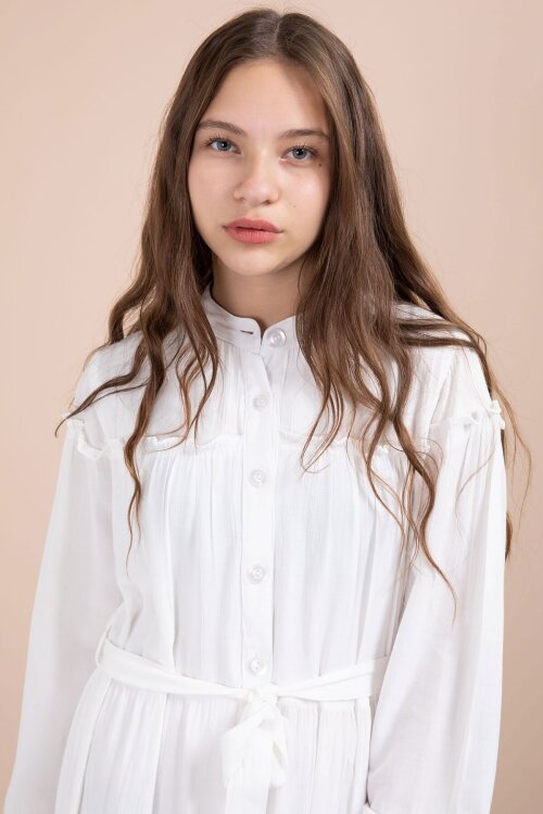 Ekru Kolları Büzgülü Kuşaklı Kız Çocuk Uzun Elbise  23401