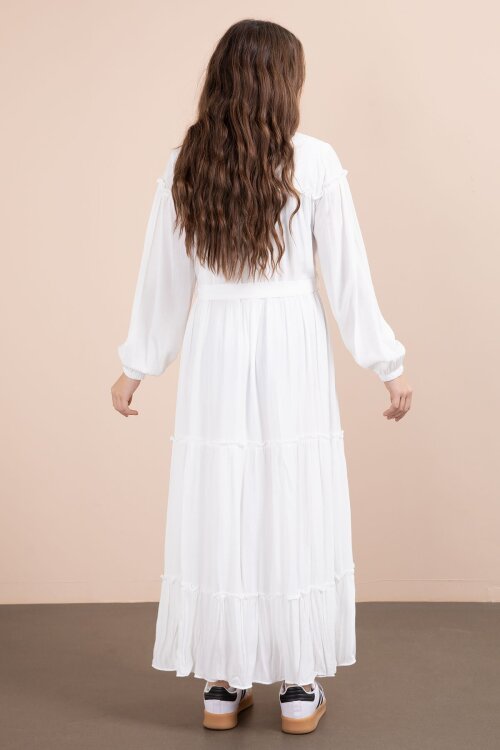 Ekru Kolları Büzgülü Kuşaklı Kız Çocuk Uzun Elbise  23401