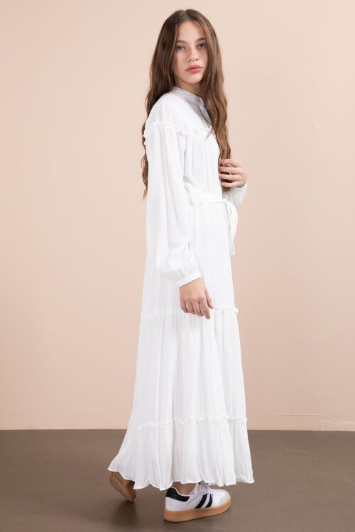 Ekru Kolları Büzgülü Kuşaklı Kız Çocuk Uzun Elbise  23401