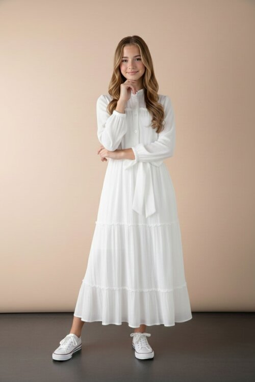 Ekru Kolları Büzgülü Kuşaklı Kız Çocuk Uzun Elbise  23401