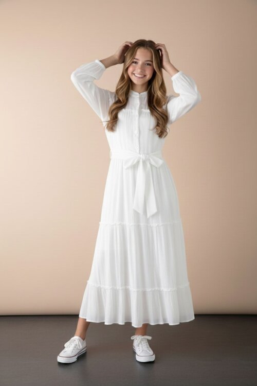 Ekru Kolları Büzgülü Kuşaklı Kız Çocuk Uzun Elbise  23401