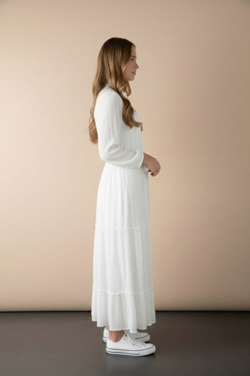 Ekru Kolları Büzgülü Kuşaklı Kız Çocuk Uzun Elbise  23401