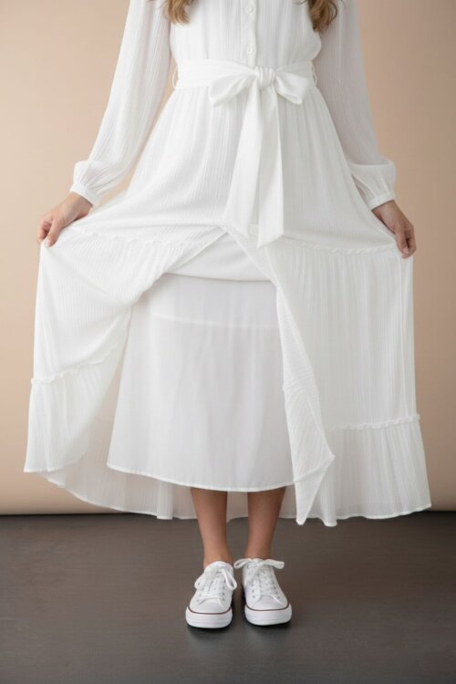 Ekru Kolları Büzgülü Kuşaklı Kız Çocuk Uzun Elbise  23401