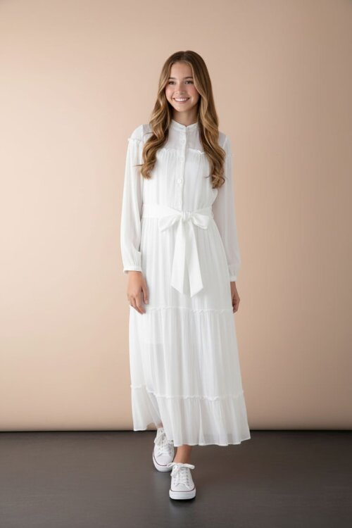 Ekru Kolları Büzgülü Kuşaklı Kız Çocuk Uzun Elbise  23401