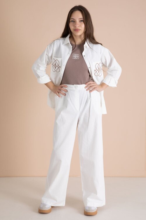 Ekru Nakışlı Gömlekli Badili Kız Çocuk 3lü Pantolonlu Takım 23562