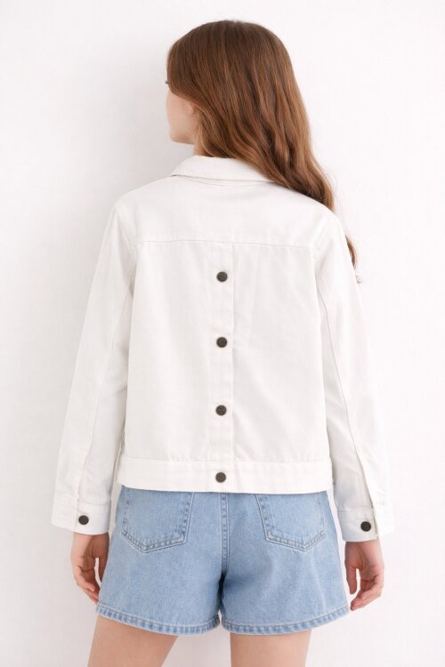 Ekru Sırtı Düğme Detaylı Kız Çocuk Gabardin Kumaş Ceket 23570