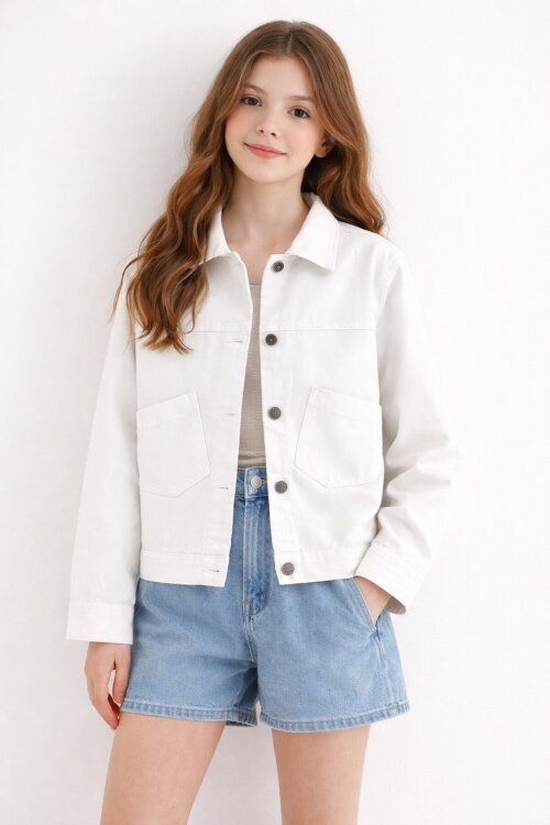 Ekru Sırtı Düğme Detaylı Kız Çocuk Gabardin Kumaş Ceket 23570