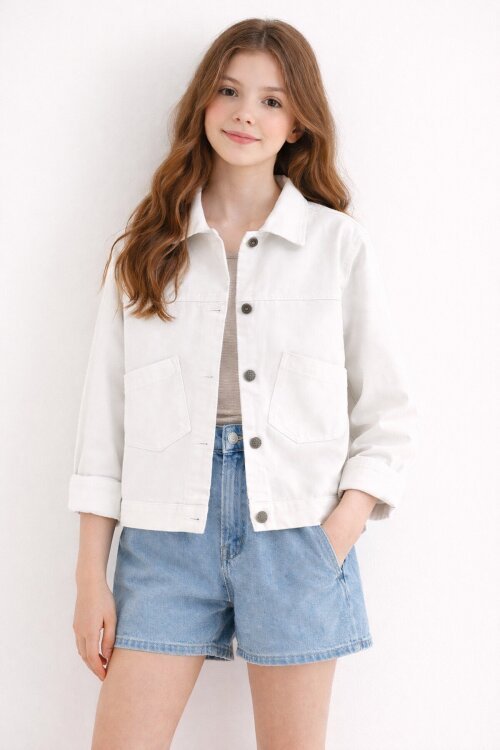 Ekru Sırtı Düğme Detaylı Kız Çocuk Gabardin Kumaş Ceket 23570