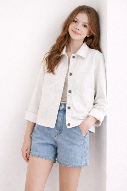 Ekru Sırtı Düğme Detaylı Kız Çocuk Gabardin Kumaş Ceket 23570