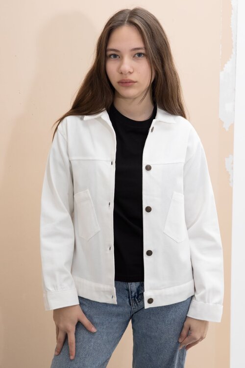 Ekru Sırtı Düğme Detaylı Kız Çocuk Gabardin Kumaş Ceket 23570