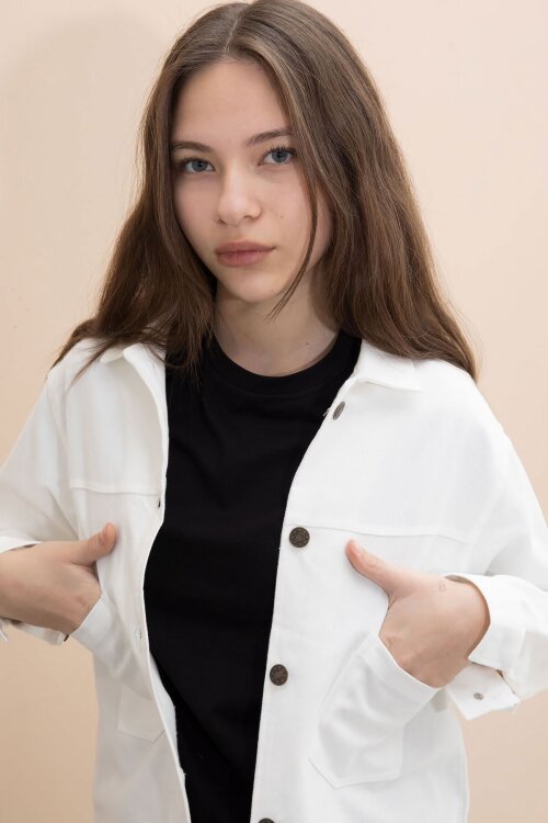 Ekru Sırtı Düğme Detaylı Kız Çocuk Gabardin Kumaş Ceket 23570