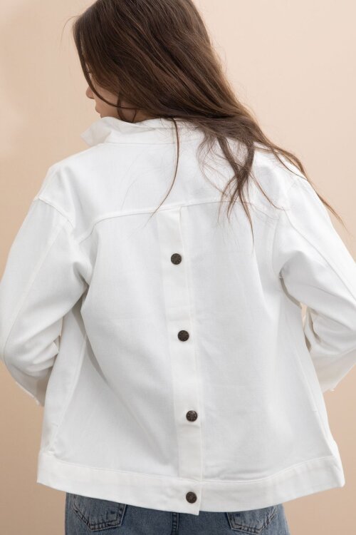 Ekru Sırtı Düğme Detaylı Kız Çocuk Gabardin Kumaş Ceket 23570