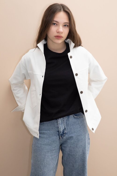 Ekru Sırtı Düğme Detaylı Kız Çocuk Gabardin Kumaş Ceket 23570