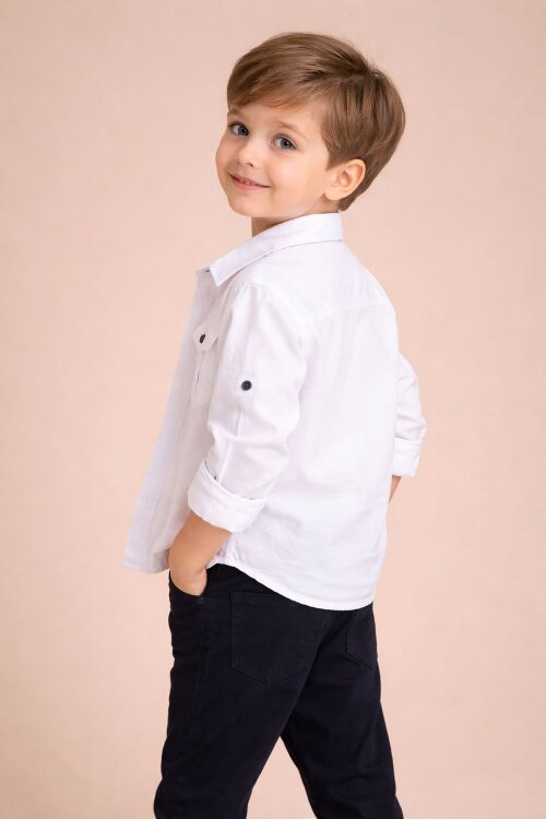 Ekru Uzun Kol Düğmeli Gömlekli Tişörtlüi Erkek Çocuk 3lü Pantolonlu Takım  23758
