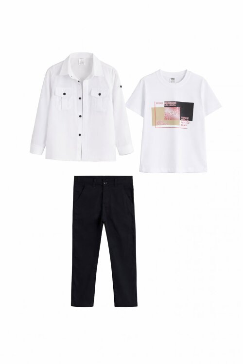 Ekru Uzun Kol Gömlekli Erkek Çocuk Pantolonlu 3lü Takım 23768