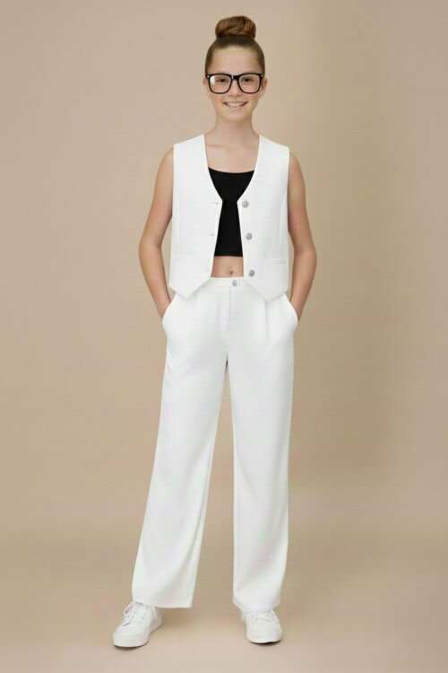 Ekru V Yaka Düğmeli Yelekli Geniş Paça Pantolonlu Kız Çocuk 2li Takım 20725