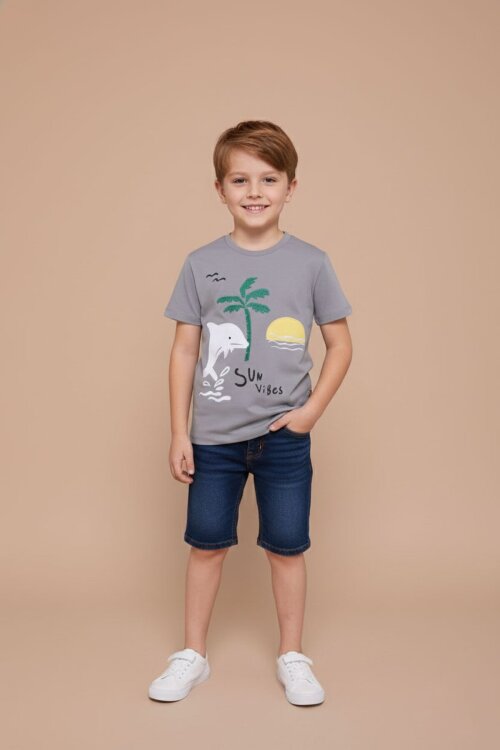 Füme Balık Baskılı Nakışlı Erkek Bebek Bisiklet Yaka Tişört 20947