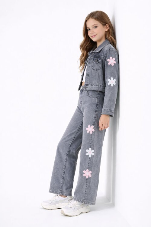 Füme Çiçek Desenli Düğmeli Ceketli Jean Pantolonlu Kız Çocuk Jean Takım 23736