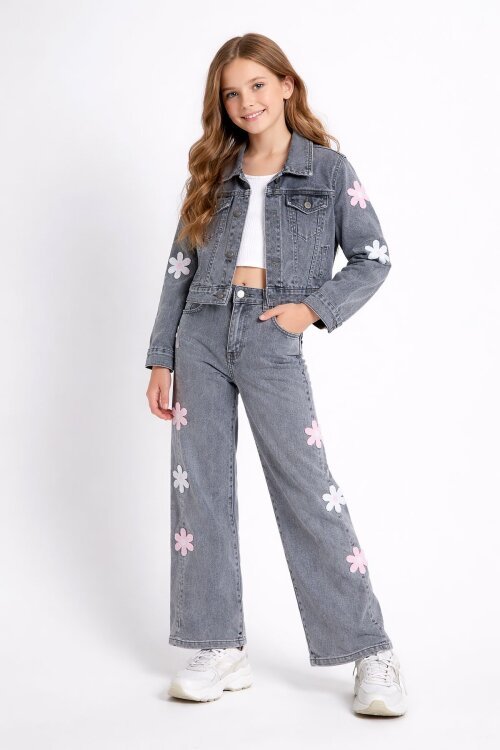 Füme Çiçek Desenli Düğmeli Ceketli Jean Pantolonlu Kız Çocuk Jean Takım 23736