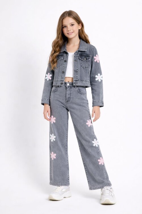 Füme Çiçek Desenli Düğmeli Ceketli Jean Pantolonlu Kız Çocuk Jean Takım 23736