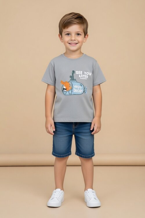 Füme  Denizaltı Baskılı Erkek Bebek Kısa Kol Tişört 20940