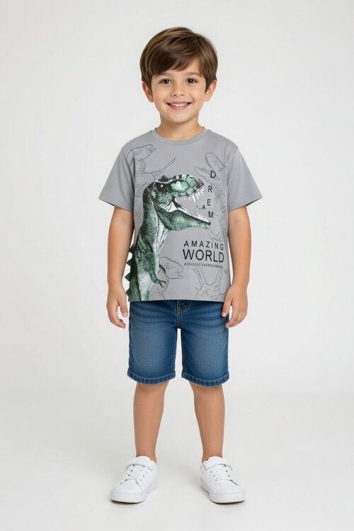 Füme Dinozor Baskılı Bisiklet Yaka Erkek Bebek Tişört 20951
