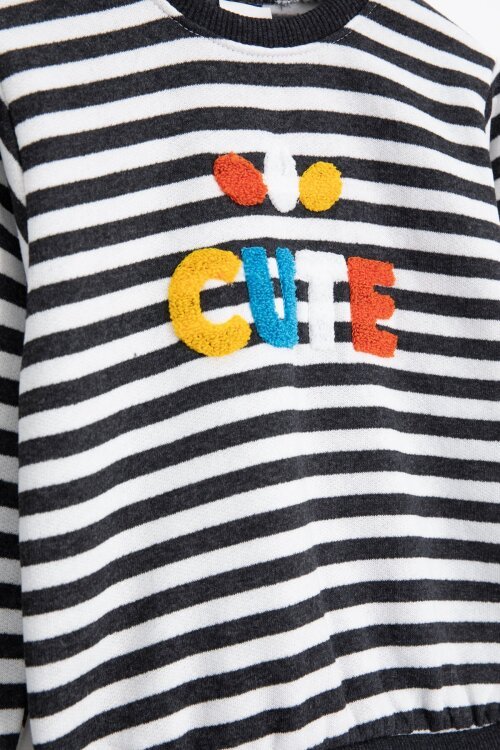 Füme Erkek Çocuk Cute Nakışlı Çizgili Şardonlu Eşofman Takımı 23312