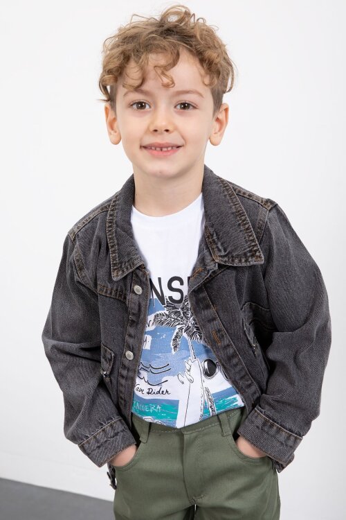 Füme Fermuar Cepli Jean Ceketli Erkek Çocuk Pantolonlu 3lü Takım 20017