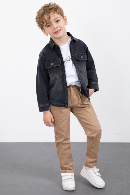 Füme Fermuarlı Jean Ceketli Erkek Çocuk Pantolonlu 3lü Takım 23389