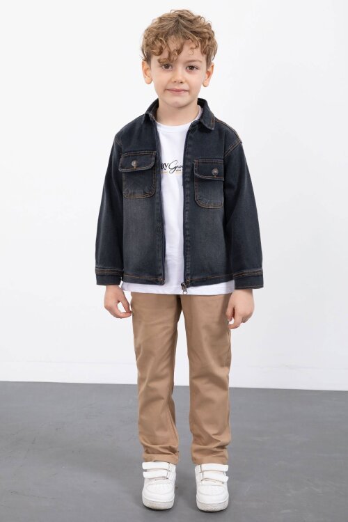 Füme Fermuarlı Jean Ceketli Erkek Çocuk Pantolonlu 3lü Takım 23389