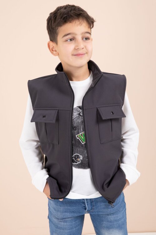 Füme Sıfır Kol Yelekli Badili Erkek Çocuk 3lü Pantolonlu Takım  23489