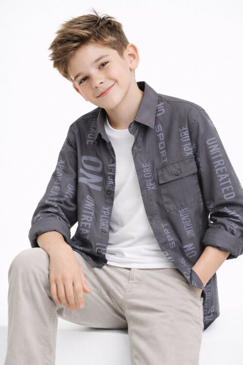 Füme Yazı Baskılı Gömlek Beyaz Tişörtlü Erkek Çocuk 2li Takım 20137