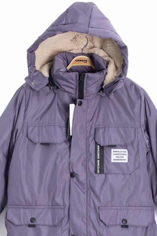 Füme Yazı Detaylı Göğüs Cepli İçi Kürklü Erkek Çocuk Kapüşonlu Mont 21536