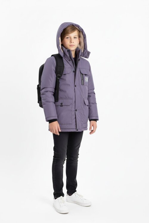 Füme Yazı Detaylı Göğüs Cepli İçi Kürklü Erkek Çocuk Kapüşonlu Mont 21536