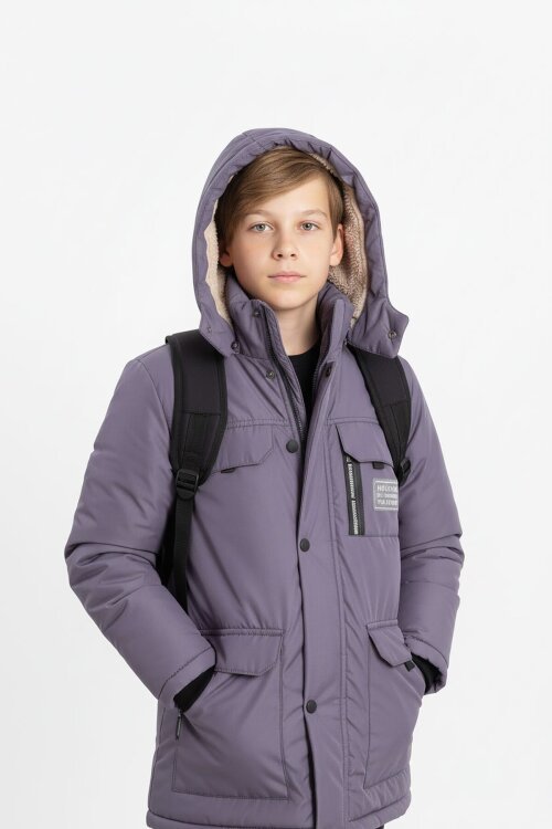 Füme Yazı Detaylı Göğüs Cepli İçi Kürklü Erkek Çocuk Kapüşonlu Mont 21536